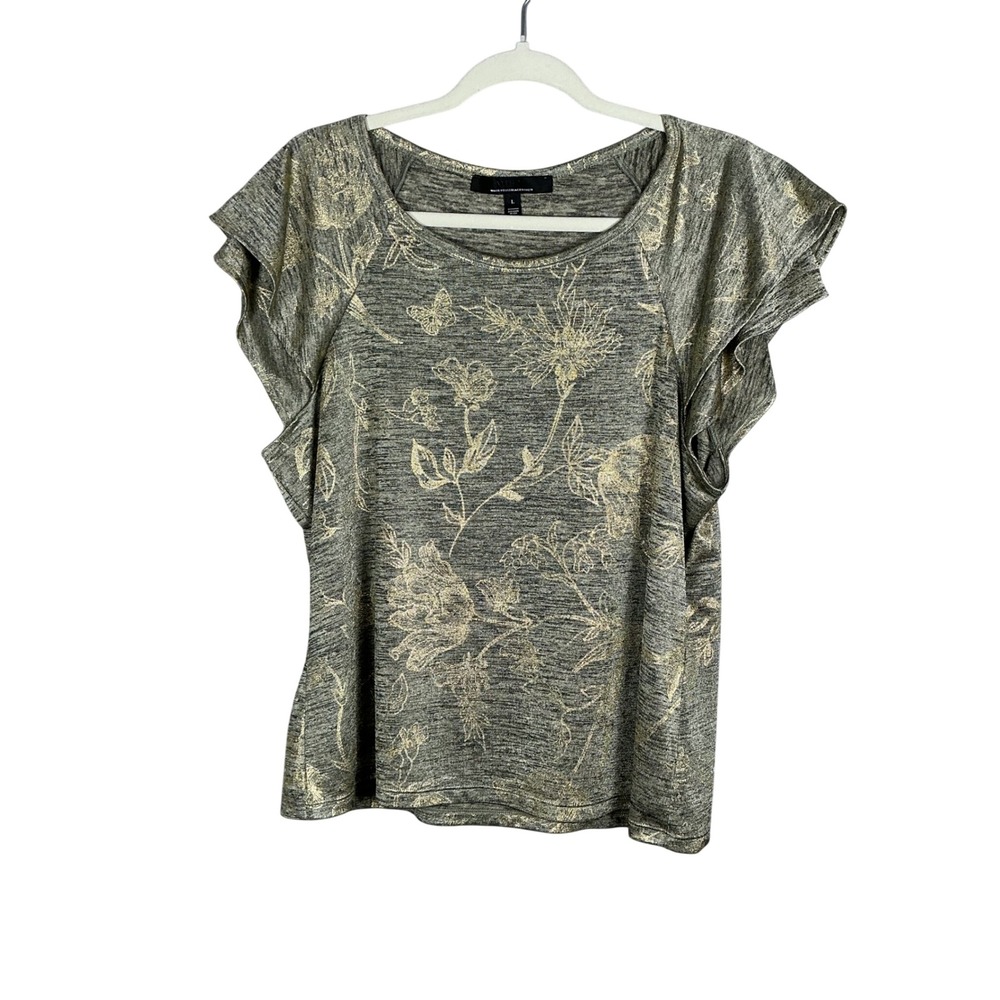 White House Black Market Gold Floral Flutter Sleeve Top Charcoal Grey L